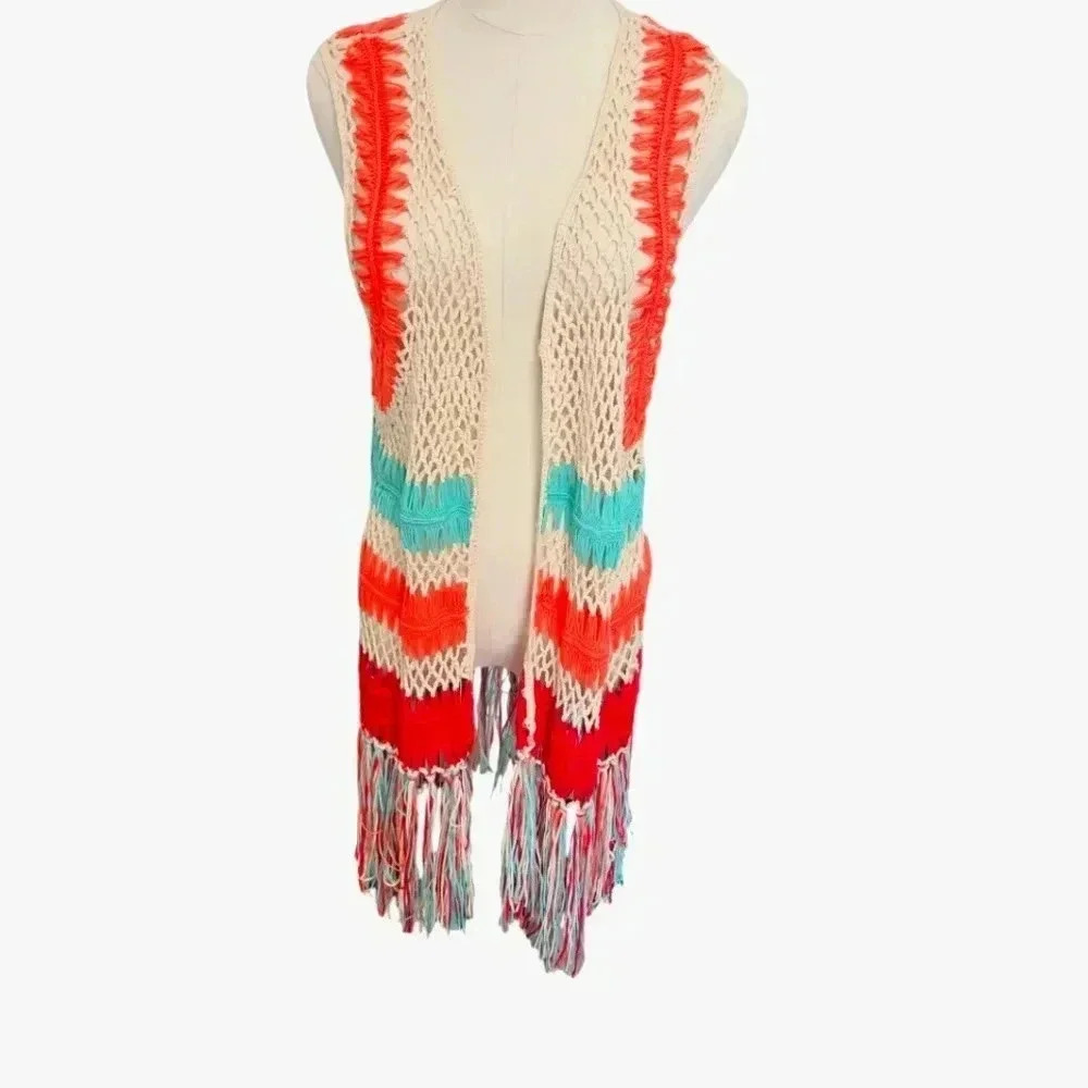Bohemian Crochet Sleeveless Cardigan Duster Open Front Tassels Festival